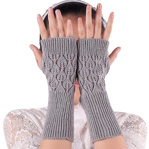 Gants Longs Tricotés Sans Doigts Pour Femmes, Mitaines Ajourées Avec Bras, Gris Clair, Hiver
