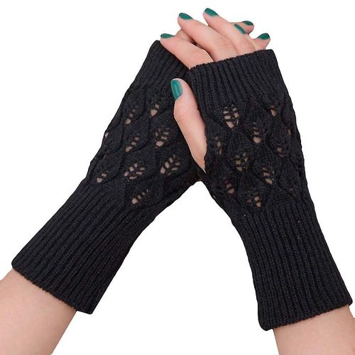 Gants Longs Tricotés Sans Doigts Pour Femmes, Mitaines Ajourées Avec Bras, Noir, Hiver