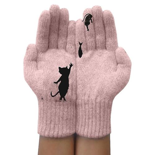 Gants De Poignet Tricotés À Motif De Chat Créatif Pour Femmes, Mitaines Chaudes D'hiver En Laine Rose