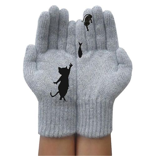 Gants De Poignet Tricotés À Motif De Chat Créatif Pour Femmes, Mitaines Chauffantes En Laine Pour L'hiver, Gris