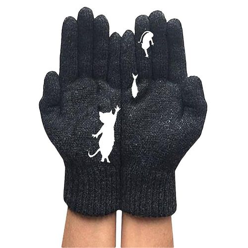 Gants De Poignet Tricotés À Motif De Chat Créatif Pour Femmes, Mitaines Chaudes D'hiver En Laine, Noires