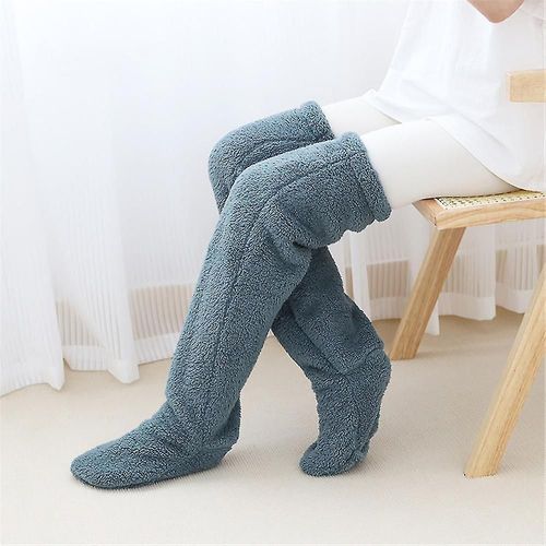 Chaussettes Hautes En Peluche Pour Femmes, Pantoufles En Peluche Douces Et Confortables, Bas En Fourrure, Longues Jambes, Chaudes, Hiver, Maison, Chaussettes De Couchage En Polaire, Bleu