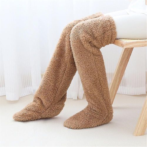 Chaussettes Hautes En Peluche Pour Femmes, Pantoufles En Peluche Douces Et Confortables, Bas En Fourrure, Longues Jambes, Chaudes, Hiver, Maison, Chaussettes De Couchage En Polaire, Marron
