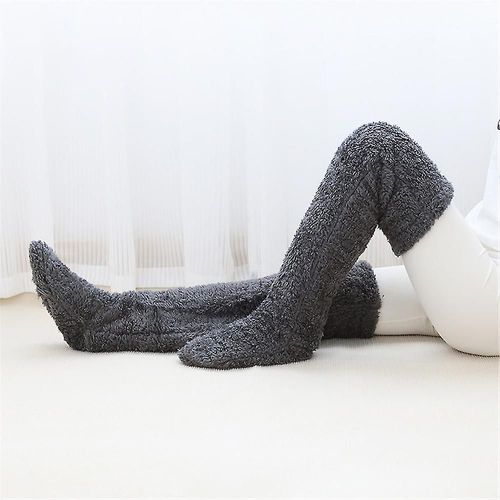 Chaussettes Hautes En Peluche Pour Femmes, Pantoufles En Peluche Douces Et Confortables, Bas En Fourrure, Longues Jambes, Chaudes, Hiver, Maison, Chaussettes De Couchage En Polaire, Gris Foncé