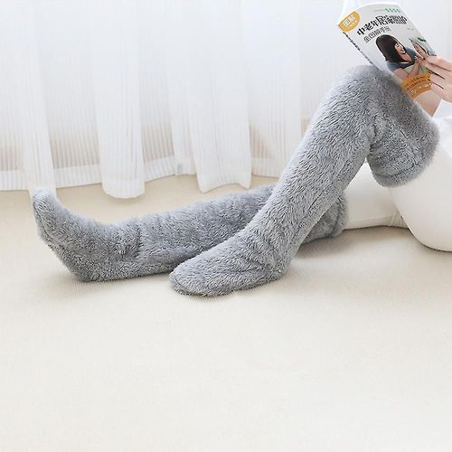 Chaussettes Hautes En Peluche Pour Femmes, Pantoufles En Peluche Douces Et Confortables, Bas En Fourrure, Longues Jambes, Chaudes, Hiver, Maison, Chaussettes De Couchage En Polaire, Gris Clair