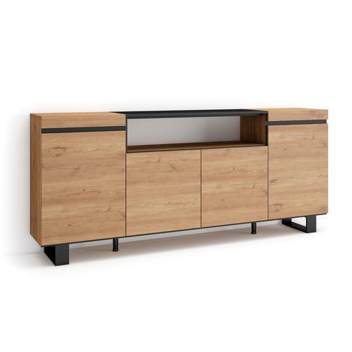 Buffet Salon Et Cuisine, Meuble De Rangement, Commode, 200x87x35cm, 4 Portes, Design Industriel, Style Moderne, Chêne Et Noir