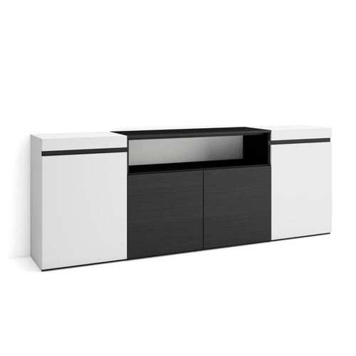Buffet Salon Et Cuisine, Meuble De Rangement, Commode, 200x75x35cm, 4 Portes, Meuble Chaussure, Style Moderne, Blanc Et Noir