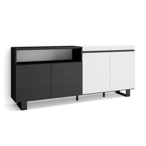 Buffet Salon Et Cuisine, Meuble De Rangement, Commode, 200x87x35cm, 4 Portes, Design Industriel, Style Moderne, Blanc Et Noir