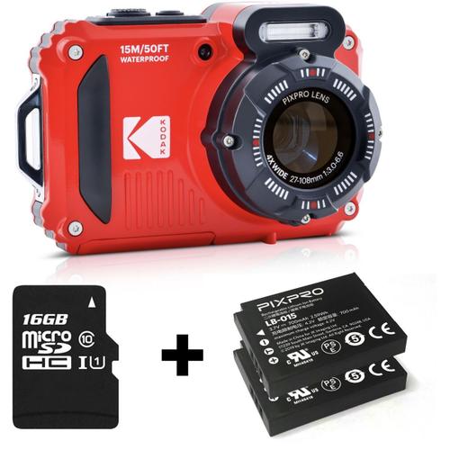 Appareil photo Compact Kodak WPZ2 Rouge Pack 2e batterie+carte SD 16g