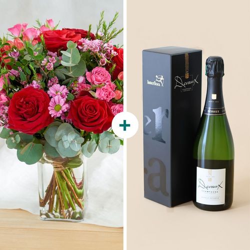Bouquet Eclat De Rose Et Bouteille De Champagne - Interflora