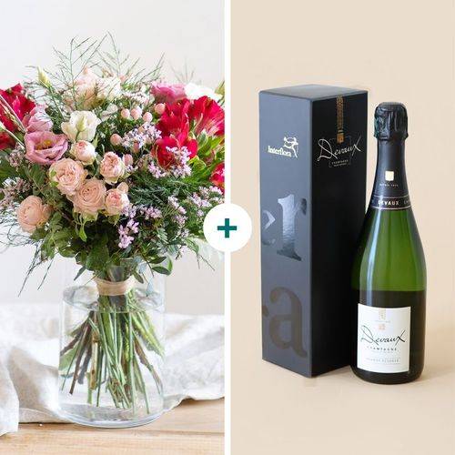 Bouquet Joyeux Anniversaire Et Bouteille De Champagne - Interflora