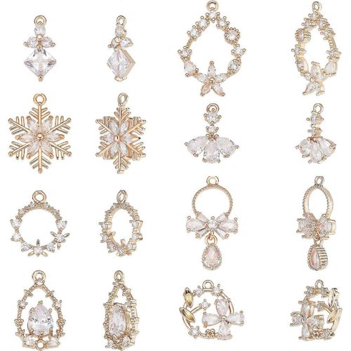 Lot De 16 Breloques En Laiton Et Oxyde De Zirconium, 8 Styles, Pendentifs En Forme De Fleur Dorée, De Larme, De Flocon De Neige, Pour Boucles D'oreilles, Bracelets, Colliers, Chaussures, Accessoires De Décoration