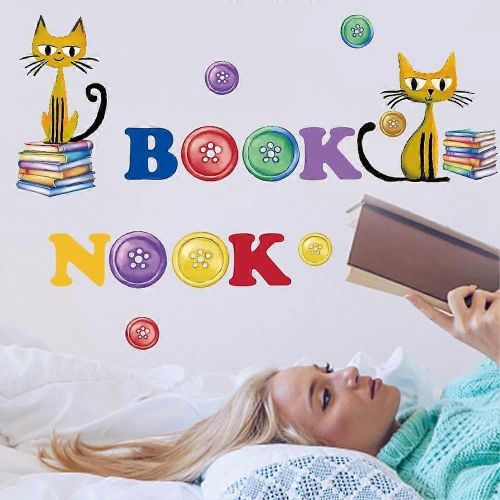 Autocollant mural de chat de livre de dessin animé, décalcomanies murales de chat de livre, décoration murale de chat de livre, art mural en vinyle, autocollants muraux de livre pour la salle de lecture, art mural de chambre à coucher pour K