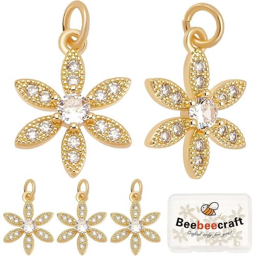 1 Boîte De 10 Breloques En Forme De Fleur En Oxyde De Zirconium, En Laiton Plaqué Or 18 Carats, Pendentifs Floraux À 6 Pétales Avec Anneau Ouvert, Pour La Fabrication De Bijoux, Colliers, Bracelets Et Autres Projets De Bricolage.