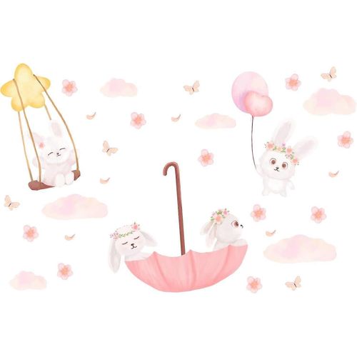 Autocollant mural 3D en vinyle motif lapin rose, ballons et nuages, amovible, pour décoration de baby shower, chambre de petite amie, pour fille
