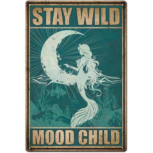 Plaque métallique sirène vintage phases de la lune, plaque métallique Stay Wild Moon Child, affiche murale en fer, monde sous-marin, mode ancienne pour fille Roo