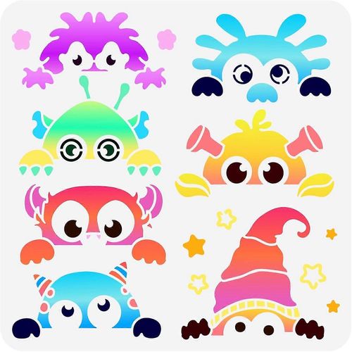 Pochoir Petits Peepers 11,8 x 11,8 pouces Pochoir de peinture Petit Monstre Plastique 7 Styles Motifs de Monstres Pochoir Réutilisable Créatif Bricolage Artisanat et Décoration