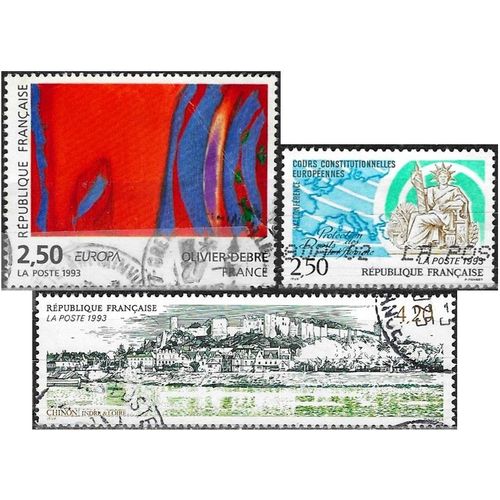 France 1993, Beaux Timbres Yvert 2797, Europa, Oeuvre D'Olivier Debré, "Rouge Rythme Bleu", 2808 Cours Constitutionnelles Européennes Et 2817 Chinon, Indre-Et-Loire, Oblitérés, Tbe.
