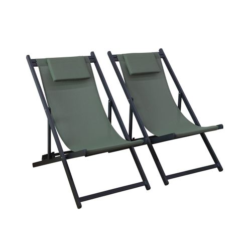 Lot De 2 Bains De Soleil Savane - Transat En Aluminium Avec Coussin Repose Tête. Chilienne