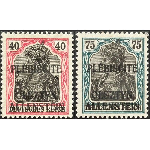 Allemagne, Anciens Territoires 1920, Beaux Timbres Neufs* Yvert 7 Et 9, Types Germania 40pf. Rouge Et Noir Et 75pf. Vert Et Noir Surchargés "Plébiscite Olsztyn Allenstein"