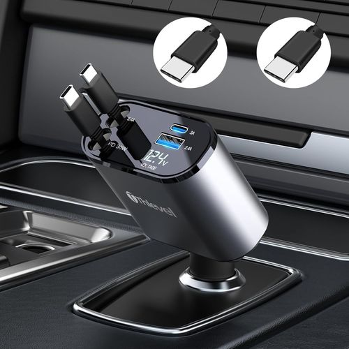Eryi-Rétractables Chargeur De Voiture Usb C 60w Avec 2 Câbles Voltmètre Led Compatible Avec Iphone, Ipad, Samsung, Huawei Pour 12[1675]