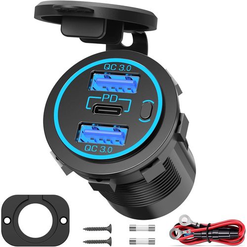 Eryi-Chargeur De Prise Usb 12v Encastrable: 66w Chargeur De Voiture 12v Prise Usb-C Pd 30w Et Double Port Qc3.0 Usb Avec Interru[3802]