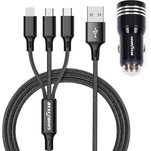 Eryi-Chargeur 3 En 1 Lightning/Micro Usb/Usb-C, Prise Allume-Cigare Double Usb, Câble 120 Cm Pour Voiture[3625]