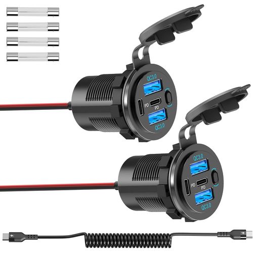 Eryi-Lot De 2 Prise Usb-C Voiture 90w 4 Ports Étanche 12v, Double Pd 36w Et Double Qc 3.0 Usb Chargeur De Voiture Avec Interrupte[2331]
