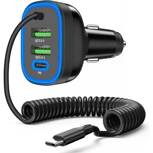 Eryi-Chargeur De Voiture Usb C Ultra Rapide À 4 Ports De 72w Avec Câble Spiralé De 5 Pieds, Compatible Avec Iphone/Samsung, Pixel[3886]