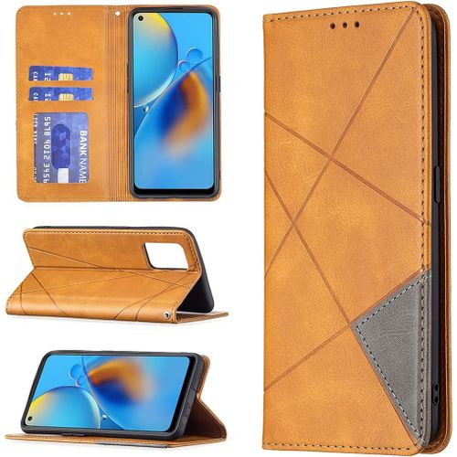 Coque Pour Oppo A74 4g/F19 4g Etui De Protection Portefeuille Rhombique [Magnetique Loquet] A Rabat Clapet Wallet Etui Simili Cuir [Support][Porte Carte] Antichoc Cover Housse,Orange