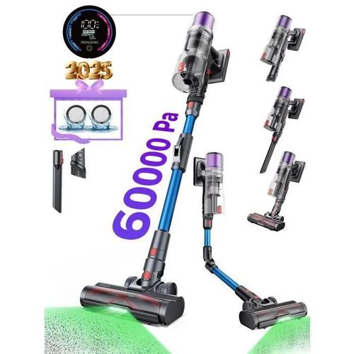 Proscenic Aspirateur balai sans fil P16 - Tube pliable - 60Kpa/550W - Autonomie 55 Min - Brosse à Plancher LED Verte - Bleu