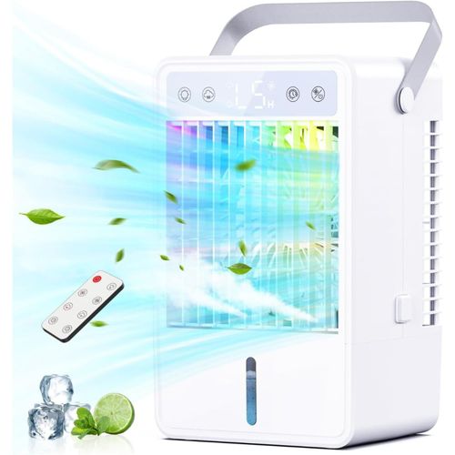 Climatiseur Mobile Ultra-Silencieux, Mini Refroidisseur d'Air USB avec Télécommande - 5 Vitesses Ajustables & 3 Modes, Minuterie 2-10H, LED RGB 7 Couleurs, Refroidissement Rapide avec Réservoir 1500ml