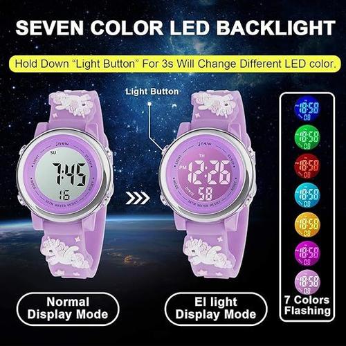 Montre Enfant Garçons Fille Pour 3-12 Ans, Étanche 3atm Avec Alarme/Date/Chronomètre/Led