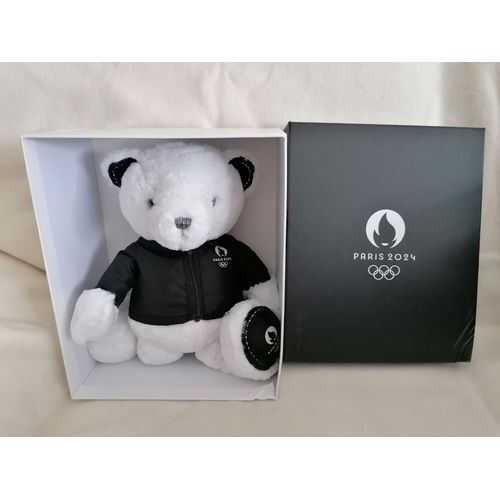 Peluche Ours Blanc Avec Veste Noire Zippée - Jeux Olympiques JO Paris 2024 - Visa - Doudou et Compagnie - 40 Cm