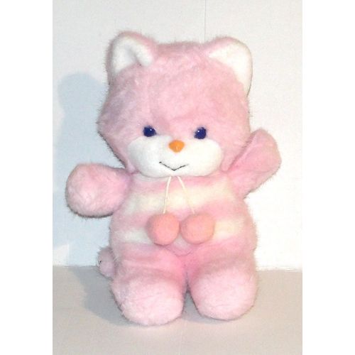 peluche chat blanc et rose ajena doudou pompom vintage 33 cm