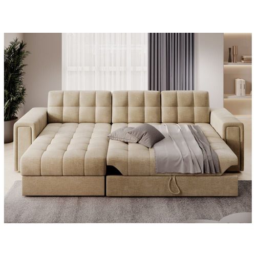 Canapé D'angle 3 Places Convertible En Tissu - Beige