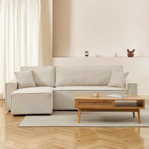 Canapé D'angle Convertible En Velours Côtelé 4 Places Beige