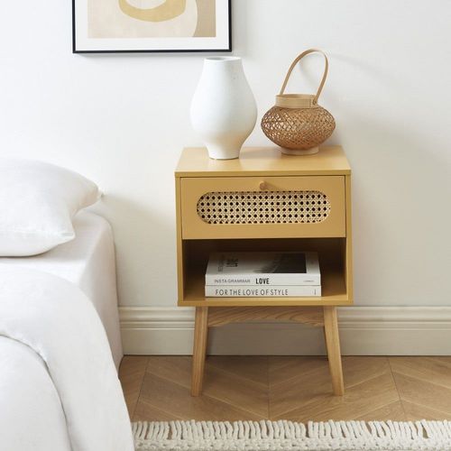 Table De Chevet 1 Tiroir En Bois Et Cannage - Jaune Moutarde