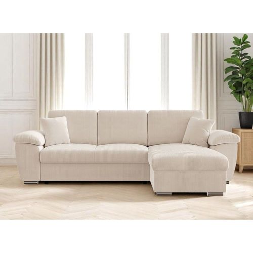 Canapé D'angle Réversible Convertible 4 Places En Velours Côtelé Beige