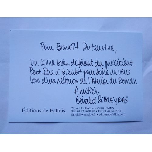 Gérald Sibleyras Une Blouse Serrée À La Taille Avec Un Envoi Autographe Signé Sur Carte D'Éditeur 2020 De Fallois