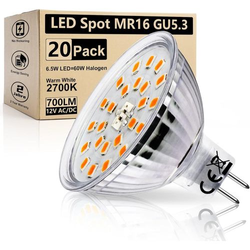 Ampoule Led Gu5.3 Mr16 6.5w Équivalent Halogène 60w,Spot Led Ac/Dc 12v 700lm,Ampoule A Réflecteur Blanc Chaud 2700k,120 °Faisceaux,Non Dimmable Lot De 20[Amp745556]