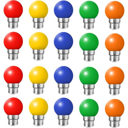 Lot De 20 Ampoules Led Couleur B22 Ampoules Baïonnette 2w Rouge, Jaune, Orange, Vert, Bleu,Incassable (Équivalence 20w)[Amp740310]
