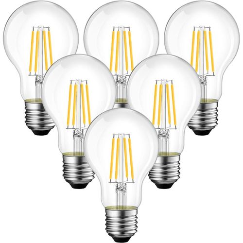 6.5w Ampoule Led E27 Blanc Chaud, A60 Ampoule Filament 2700k, 806lm Equivalent À Ampoule Incandescente 60w, Lampe Rétro Edison De Verre Transparent, Non-Dimmable, Lot De 6[Amp740355]
