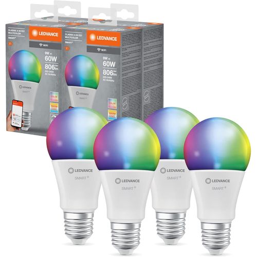 Smart+ Wifi Led Lamp, White Frosted Look, 9w, 806lm, Classic Bulb Shape With E27 Base, Color Light And Light, App Or Voice Control, Life Of Up To 20,000 Hr, Paquete De 4, (40580757[Amp740590]