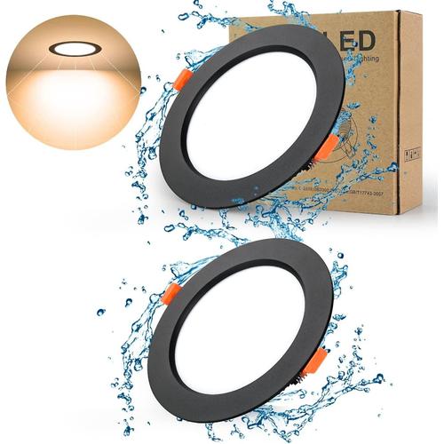 Spot Led Encastrable Noir Extra Plat, Lot De 2 7 W 700 Lm = 70 W À Incandescence, Ip44, 3000 K Blanc Chaud, Ac 220-240 V, Découpe 80-90 Mm, Plafond Rond Ultra Fin Encastrable.