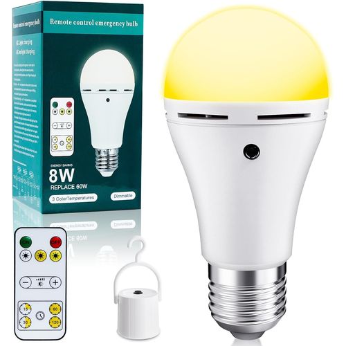Ampoule Rechargeable Avec Télécommande, E27 8w Ampoule Intelligente, 3 Températures De Couleur Led Dimmable Ampoules Sans Electricite, 2600mah, Timing, Pour Intérieure Et Extérieur[Amp744568]