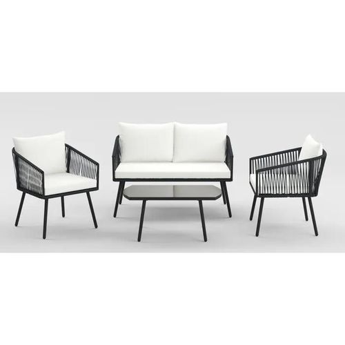 Costway Ensemble 4 Pièces Table Et Chaises De Jardin Avec Coussins, Table En Verre Trempé, Tissé En Corde Pe, Housses Amovibles