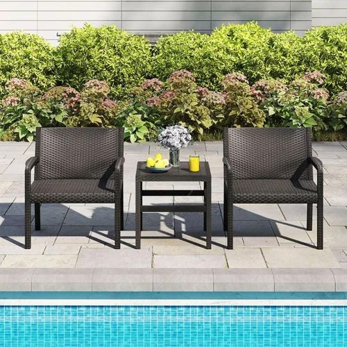 Costway Ensemble 3 Pcs Table Et Chaises De Jardin Extérieur, Table Carrée Avec 2 Chaises En Rotin, Pour Patio Bord De Piscine, Noir