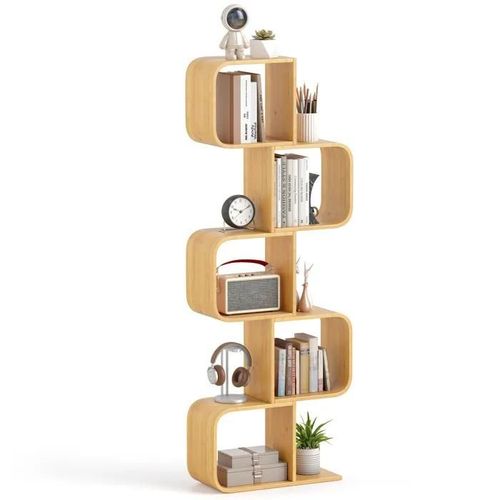 Costway Bibliothèque En Forme De S À 5 Niveaux En Bambou, 5 Cubes Ouverts, Etagère De Rangement Au Sol Pour Salon Bureau Chambre