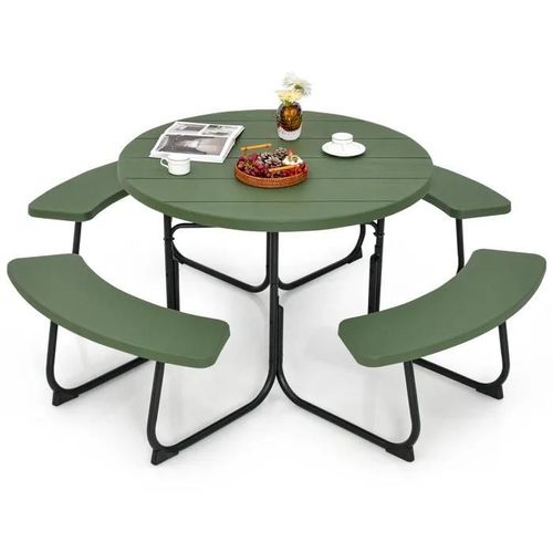 Costway Ensemble Table Et Chaises De Jardin Extérieur 8 Personnes, Trou Pour Parasol, Table Ronde Avec 4 Bancs De Pique-Nique, Vert